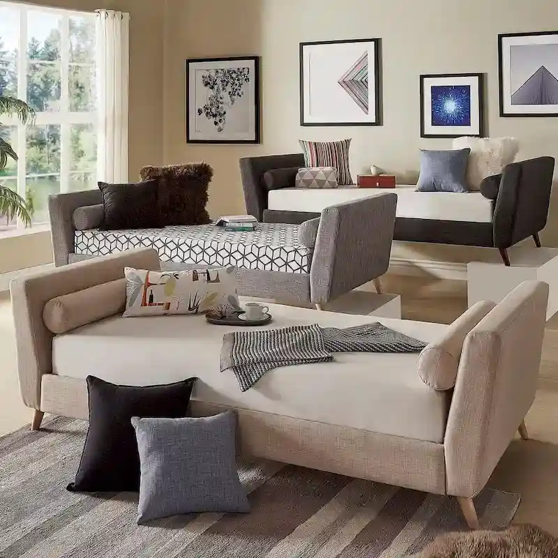 Mid-Century Modern Twin Daybed with Linen Upholstery, Tapered Legs & 2 Bolster Pillows, 450 lb