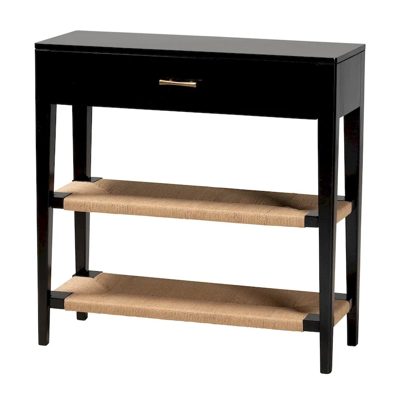 Wood Console Table with Drawer and Woven Rope Shelves – Black / Natural Brown / Brass, 1-Unit