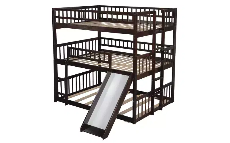 Full Over Full Over Full Triple Bunk Bed with Ladders and Slide, Espresso