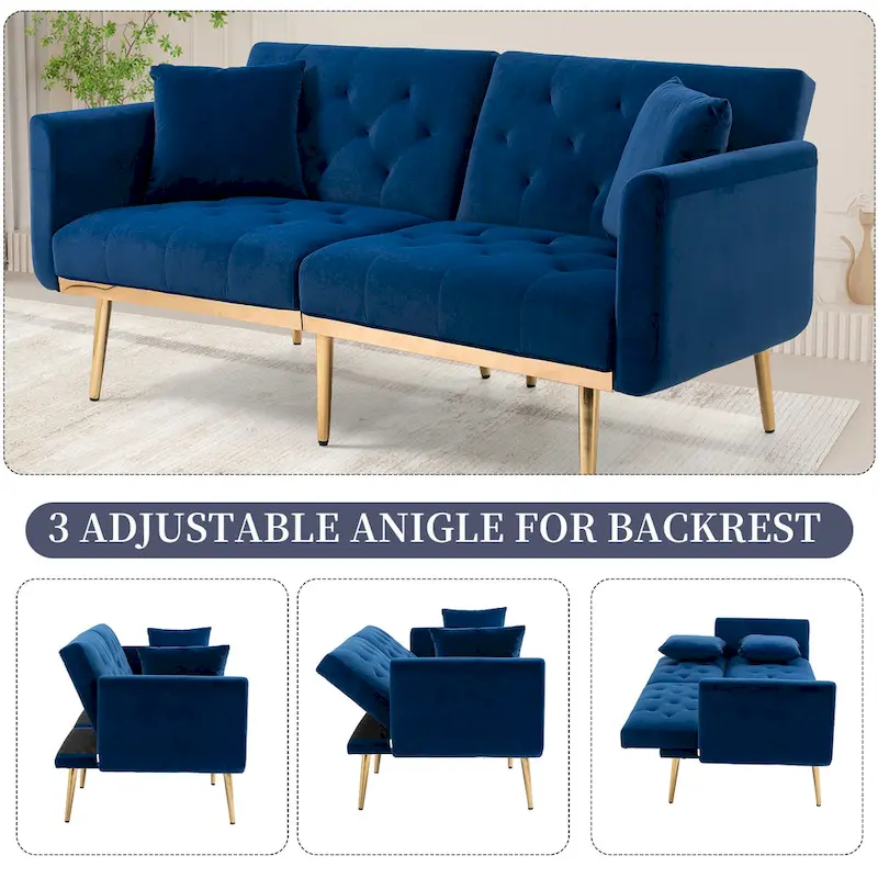 Velvet Upholstered Tufted Loveseats Sleeper Sofa With Rose Golden Legs
