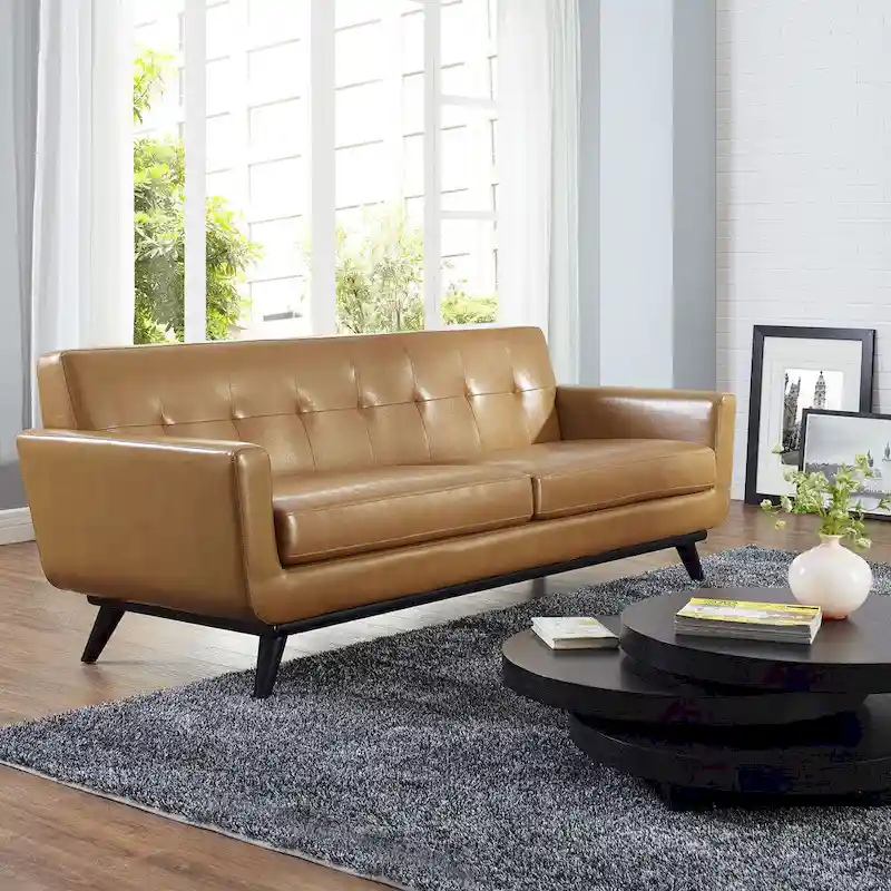 Tan Leather Mid-century Sofa