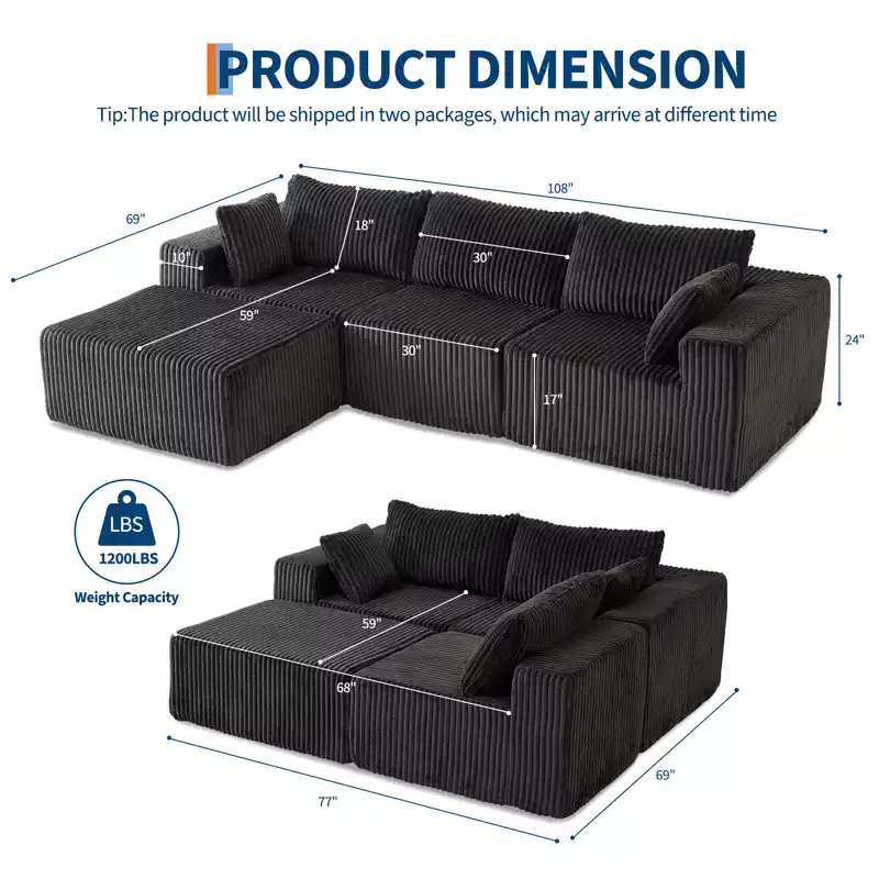 108 in Modular Sectional Sofa, Corduroy Sponge Compression Sofas with Deep Seat, Memory Foam Sofa for Living Room Bedroom, No Assembly Required