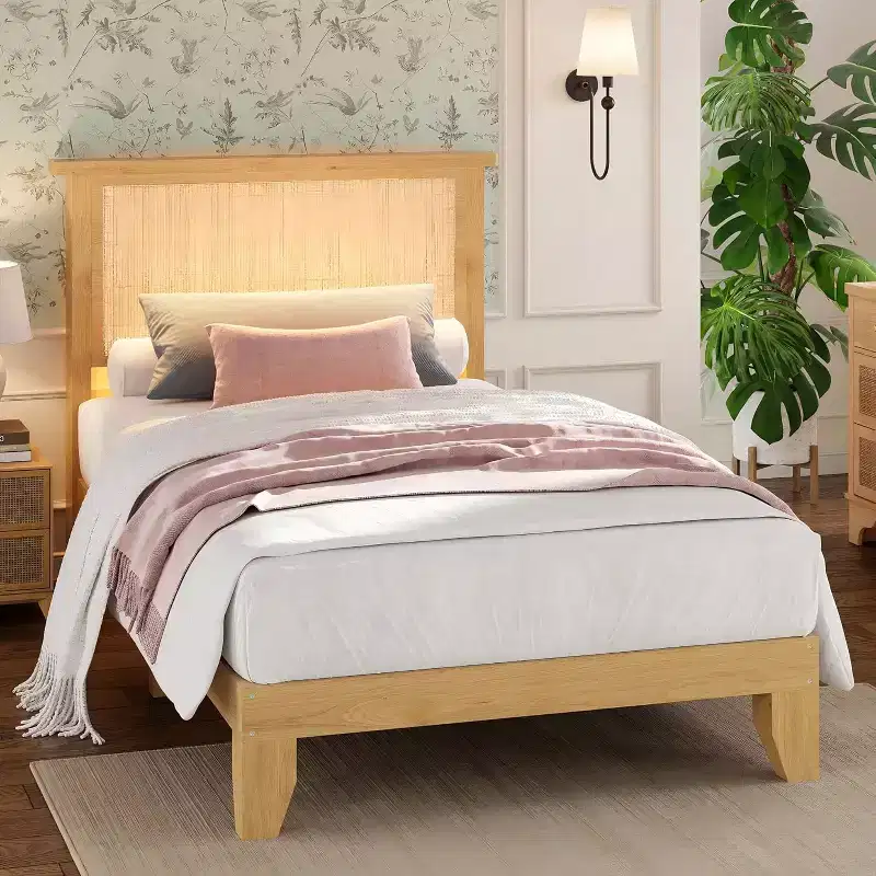 Rattan Bed Frame with Natural Rattan Headboard, Bohemian Rattan Bed Frame, Solid Wood Foundation, Silent Slats, No Box Spring Needed, Easy Assembly