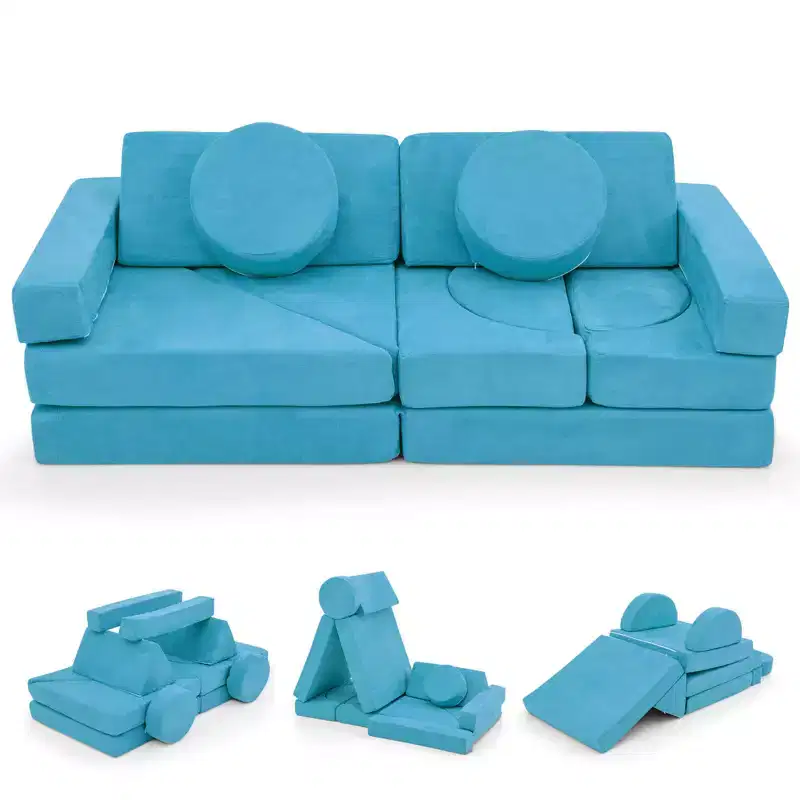 Costway 14 PCS Modular Kids Play Couch Child Sectional Sofa Toddler Soft Playset Blue/Gray/Yellow