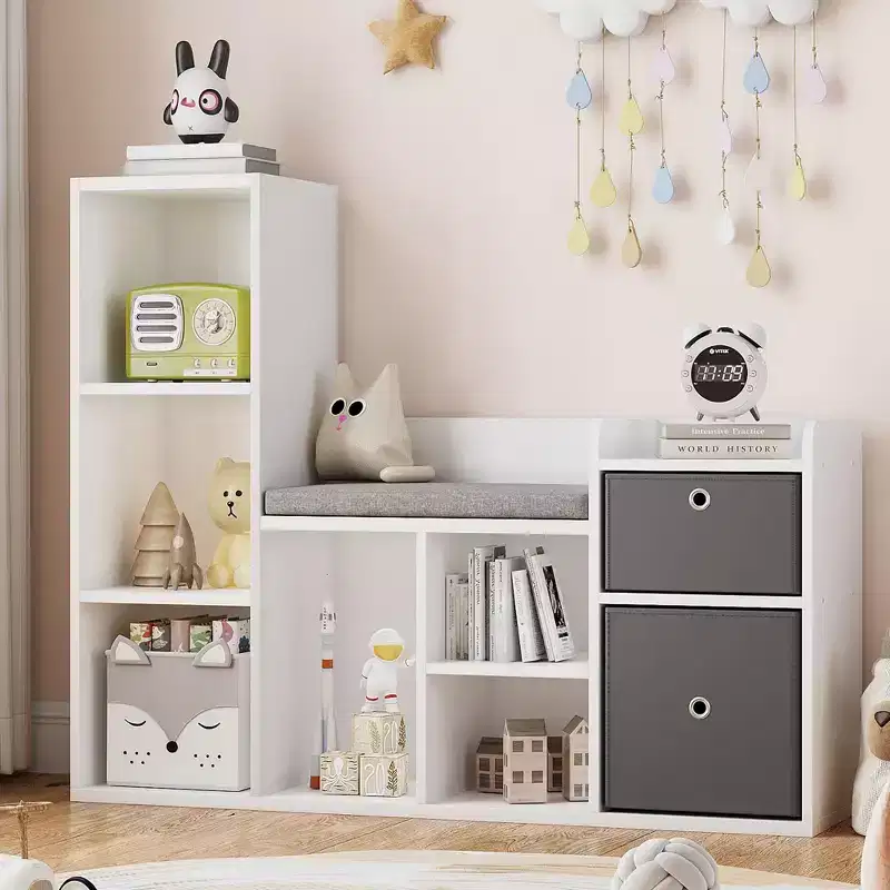 44.1 Kids Bookshelf with Reading Nook - 6-Cubby Toy Organizer & 2-Drawer Bench for Playroom & Nursery - White