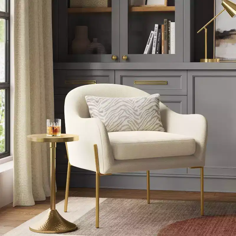 Barrel Accent Chair Cream Boucle/Brass - Gold-Tone Metal Legs, Curved Back, Upholstered Armchair