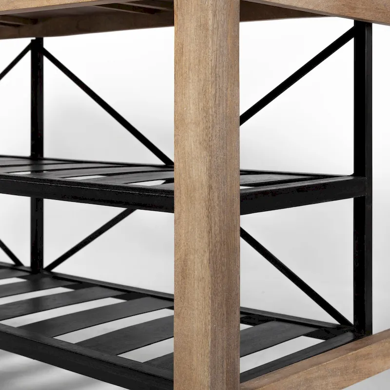 Stuart I Brown Solid Wood Top Two-Tier Black Metal Rolling Kitchen Island - 28.0L x 60.0W x 34.0H