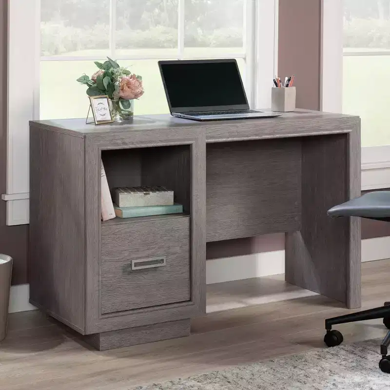 Home Office Desk with File Drawer and Open Shelf – Ashen Oak Finish