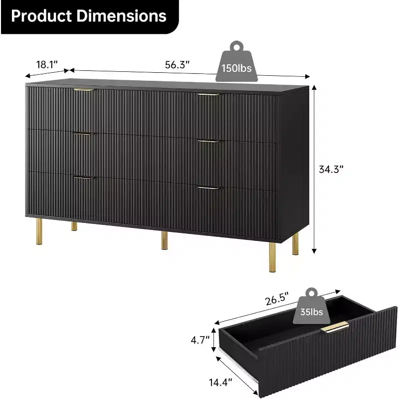 Inner Arc Vacuum-Formed 6-Drawer Cabinet, Black, Rounded Corners, Safe & Durable, Clothes Storage for Bedroom