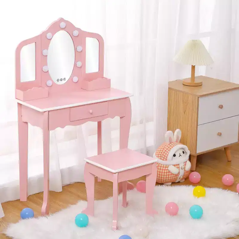 Girls Vanity Set with Lighted Mirror - Tri-Fold Mirror Play Table & Stool with Storage