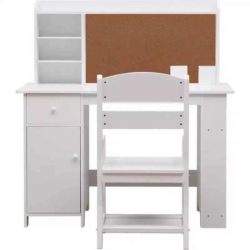 Study Desk and Chair - Kids Study Desk, Features Bookshelf, Bulletin Board, and Cabinets, for Boys and Girls Ages 3-8, White