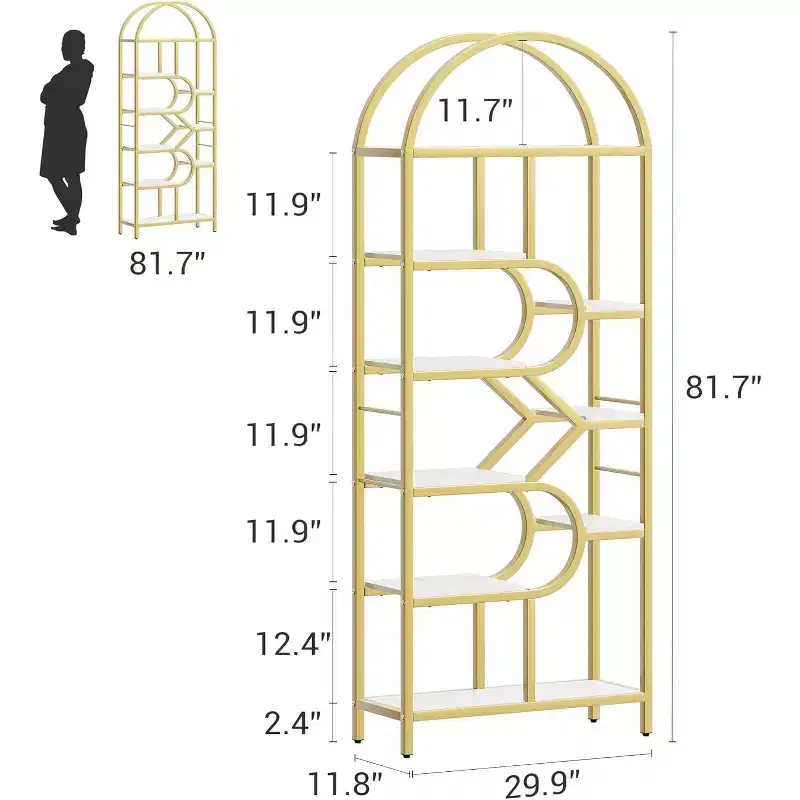 Modern 6-Tier Tall Bookshelf with Arched Geometric Design - 82 Open Storage Display Rack for Home Office and Living Room Organization