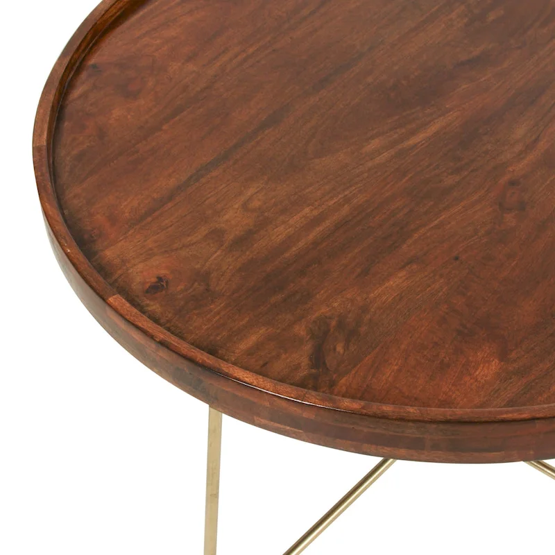 Round Natural Wood And Gold Iron Coffee Table by East at Main