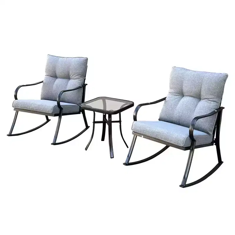 Modern Accent 2 Seater Rocker Teapoy Set Of 3, Upholstered Rocker Armchair, Patio Furniture Porch Chairs, Soft Cushions Rocker