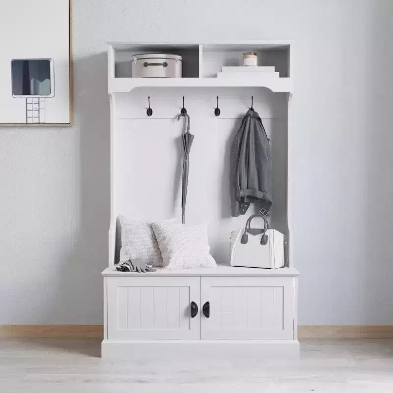 Merrick Lane Hallway Tree with Bench Seating, 4 Double Coat Hooks, Upper Storage and Double Door Under Bench Storage