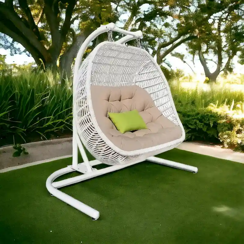 69 Beige and White Metal Indoor Outdoor Swing Chair with Beige Cushion