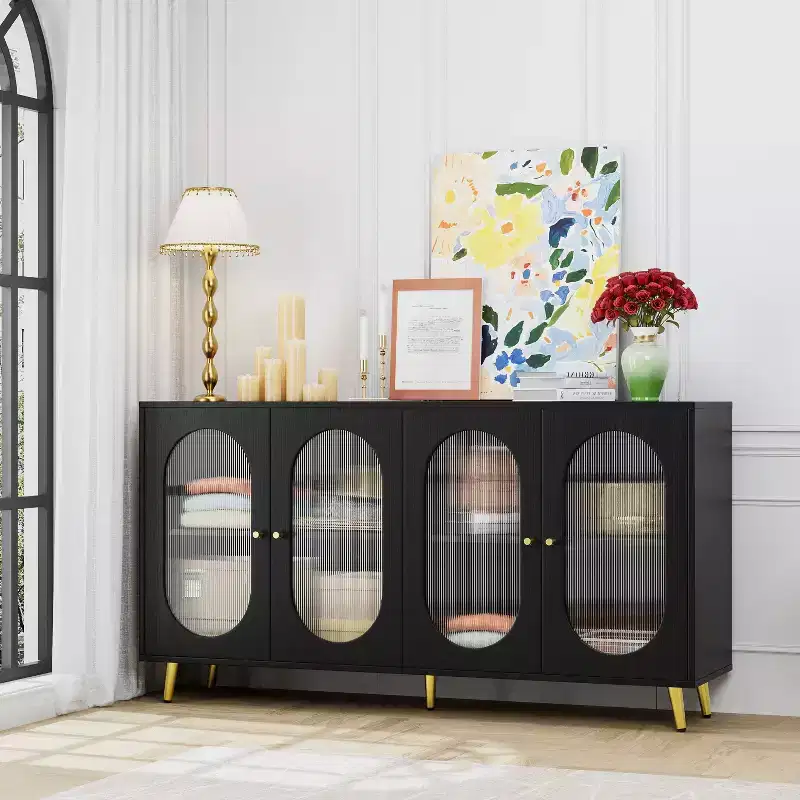 Okak Modern Accent Cabinet, Sideboard Cabinet with Four Glass Doors, Storage Cabinet for Kitchen, Dining Room, Entryway