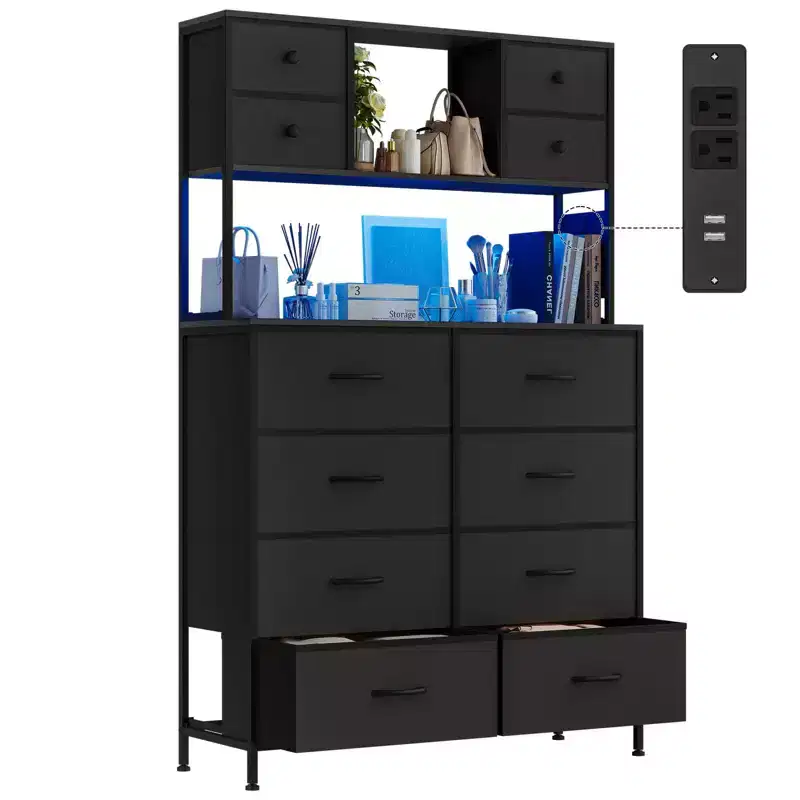 Dresser for Bedroom, 12-Drawer Fabric Chest with Lighting, Power Outlet and Open Shelves, Wood Top & Metal Frame