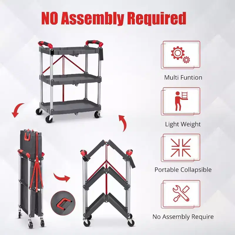 3-Tier Foldable Rolling Utility Cart - 167 lb Capacity, Aluminum Alloy, Lockable Wheels