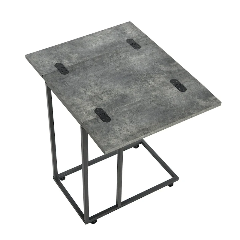 C-Shape Side Table, Faux Stone Top, Black Frame, Space-Saving Design