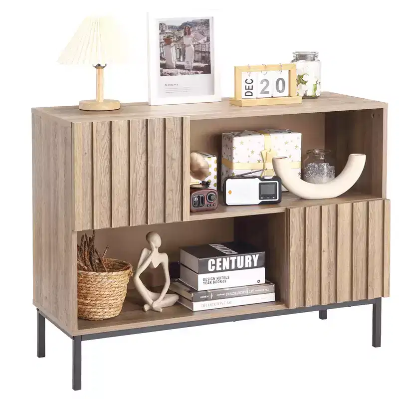Semi-Open Sideboard ,39.4 Wave Pattern Buffet Cabinet with Metal Legs, Oak Brown & Black Console Table for Living Room, Dining Room,Entryway Storage