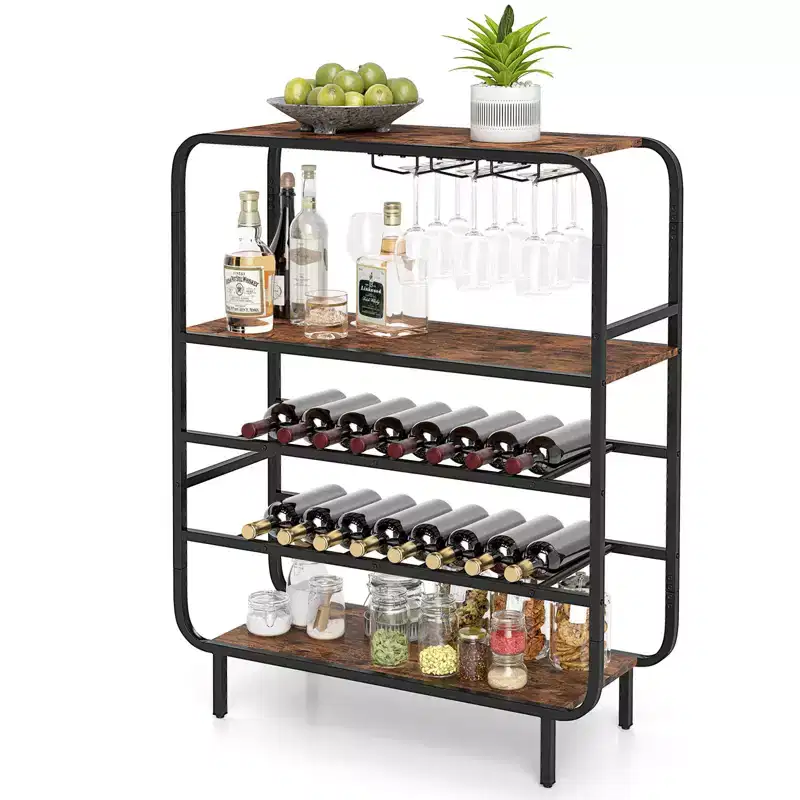 Costway 16 Bottle Drinks Rack w/ Glass Holders Metal Frame Storage Shelf for Kitchen