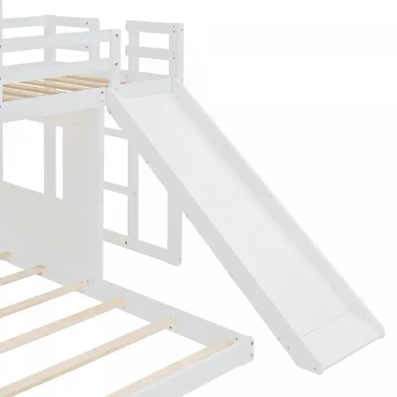 Twin Over Solid Wood Full Bunk Bed With Slide, Playhouse Design