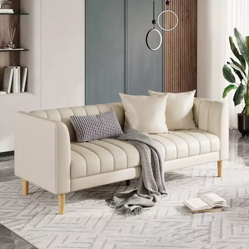 Modern Faux Leather Sofa 83, 3 Seater Deep Seat Couch with Wood Legs, Ergonomic Cushions & 2 Throw Pillows for Living Room, Bedroom or Apartment