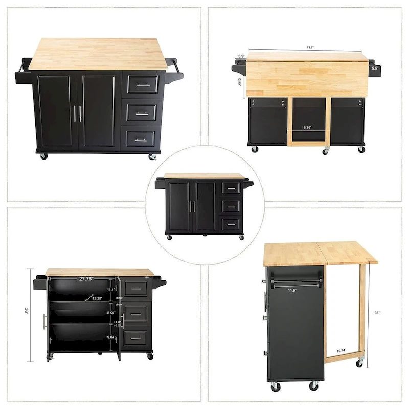 Kitchen Island Cart with Extensible Rubber Wood Top and Locking Wheels