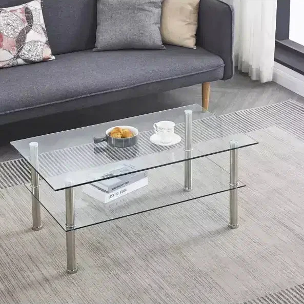 Clear Glass & Silver Metal 2-Tier Coffee Table, 4-Leg
