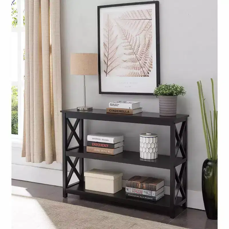 Kings Brand 3-Tier X-Design Console Entryway Sofa Table With Shelves, Black