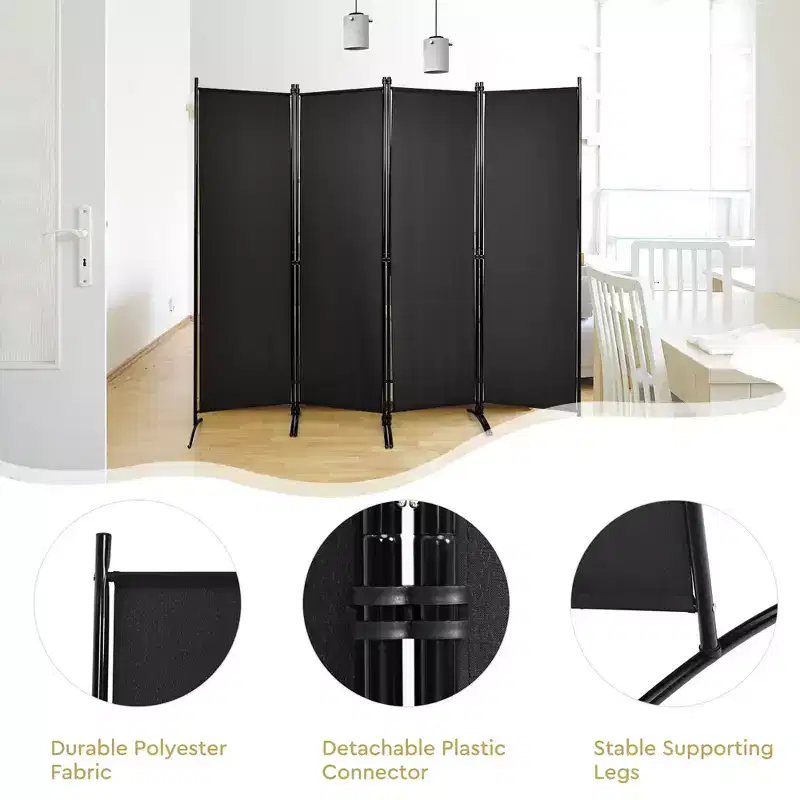 4-Panel 5.6ft Room Divider Folding Fabric Privacy Screen with Steel Frame White/Black/Brown