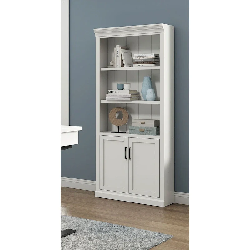 Bookcase with Lower Shaker Doors & Bead Board Panels – White, Wood Finish, Black Hardware, Fully Assembled