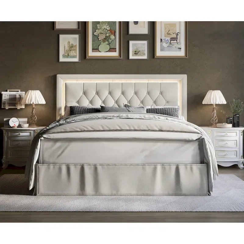 Tufted Upholstered Platform Bed, Button-Tufted Headboard, No Box Spring Needed