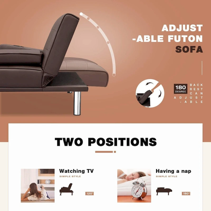 Furniwell Modern Faux Leather Futon with Cup Holders & Pillows, 65