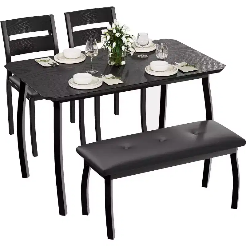 5-Piece Wood Dining Table Set, Upholstered Bench and 2 Chairs, Space-Saving Dinette Set for Studio, Kitchen, Dining Room