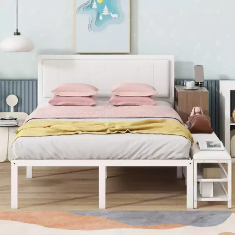 Full-Size Metal Platform Bed with Two-Level Storage Shelves and Wooden Storage Cabinet