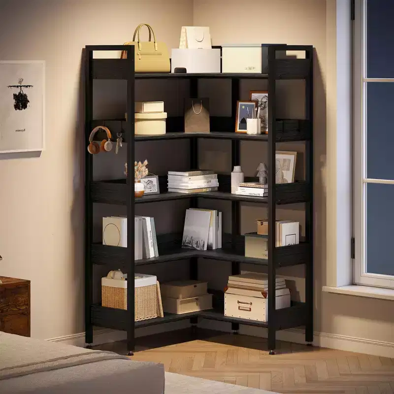 65.8in L Shaped Storage Display Shelf, 5 Tier Convertible Corner Book ShelfStorage Display ShelfBlack/White