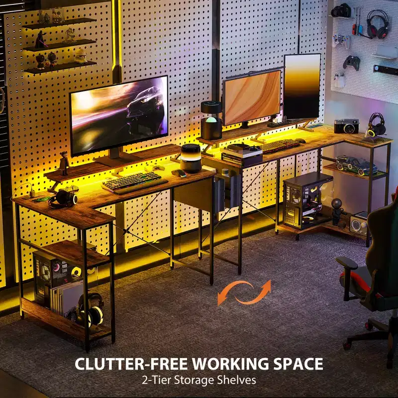 L Shaped Computer Desk with Charging Station and RGB Lights Reversible Home Office Desk