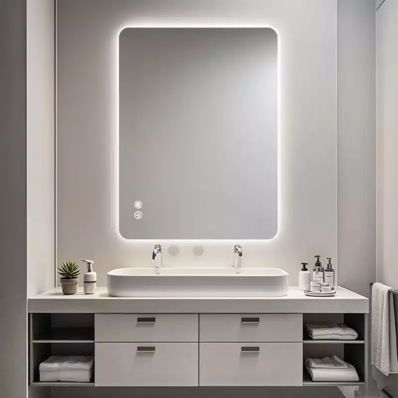 Silver Rectangular Backlit Wall Mirror, 1-Person