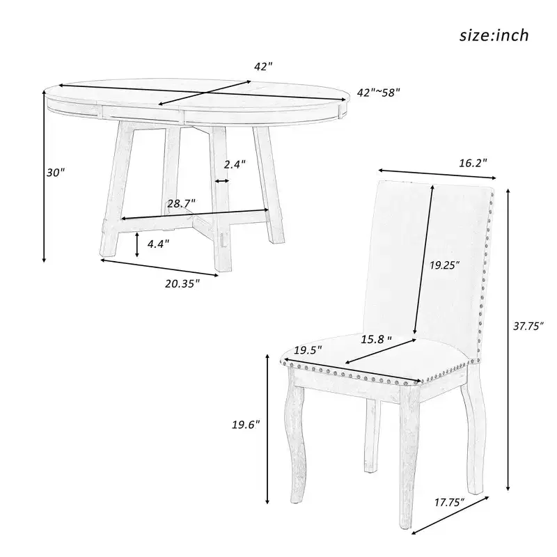 Whisen 5-Piece Farmhouse Dining Table Set with Extendable Dining Table and 4 Upholstered Dining Chairs