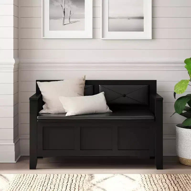 Linon 44.5" Carlton Solid Wood Faux Leather Upholstered Padded Storage Bench Black: Entryway Ottoman, Shoe Organizer