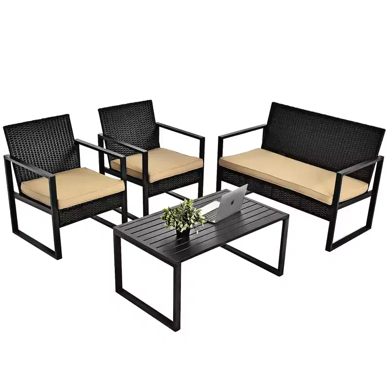 Costway 4PCS Patio Rattan Furniture Set Cushioned Sofa Coffee Table Garden Deck Brown