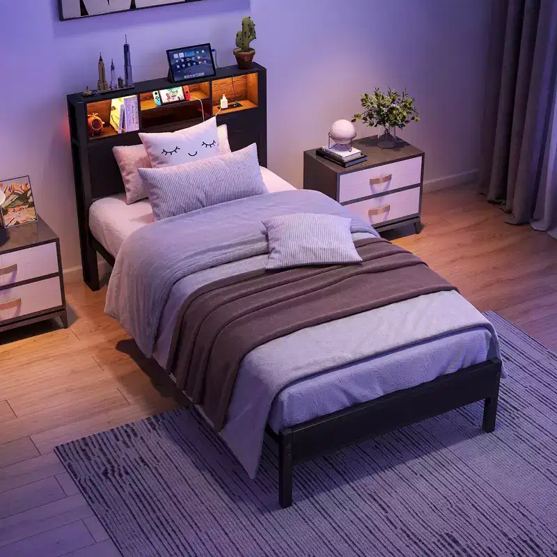 GDFStudio Kian Modern Twin Size Metal Platform Bed Frame with Storage Headboard, Charging Station and LED Lights