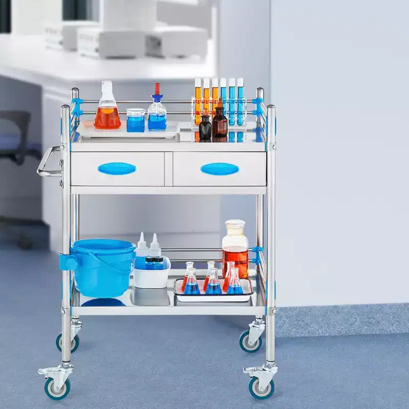 VEVOR Service Cart, 2 Layers Stainless Steel Utility Rolling Cart, Medical Cart with Two Drawers, Dental Utility Cart with Lockable Wheels