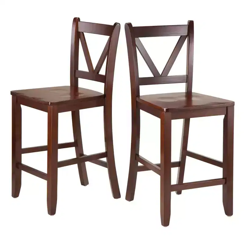 24" Set of 2 V-Back Counter Height Barstool Wood/Walnut