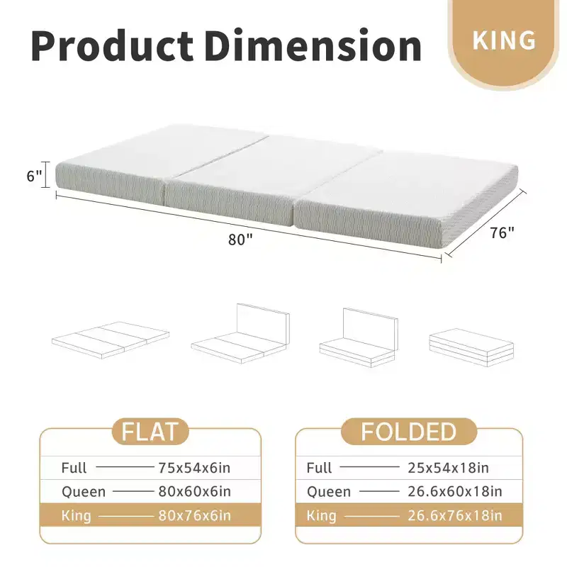 Dyonery 6 Thick Tri-fold Mattress Memory Foam Folding Mattress Firm Support Easy Fold with Storage Bag Portable Guest Bed,Camping,Travel,Pet