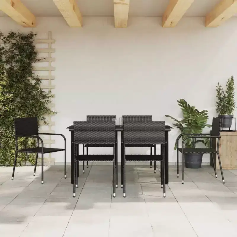 vidaXL Garden Dining Set Black Poly Rattan and Steel Standard Stacking - 55.1 Table Length 6 Piece