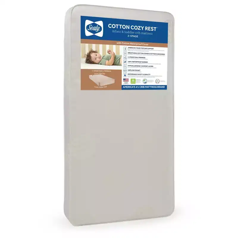 Sealy Cotton Cozy Rest 2-Stage Crib And Toddler Mattress: Hypoallergenic, Waterproof Cover, Firm Feel, 5.5" Thickness