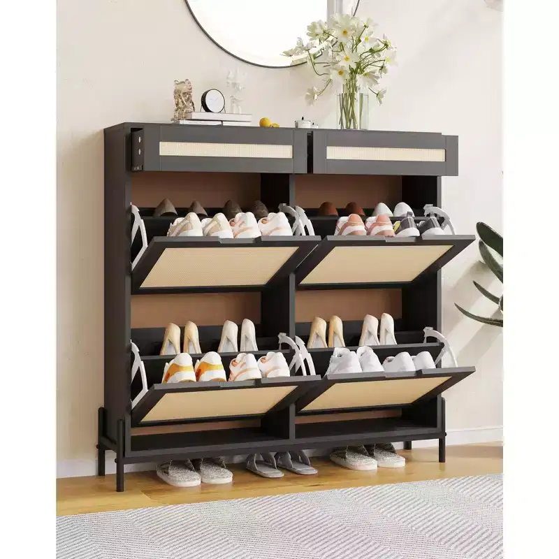 Narrow Rattan Shoe Cabinet,4-Door Entryway Organizer with 2 Drawers, Adjustable Shelves, Holds 24 Pairs, Space-Saving for Hallway